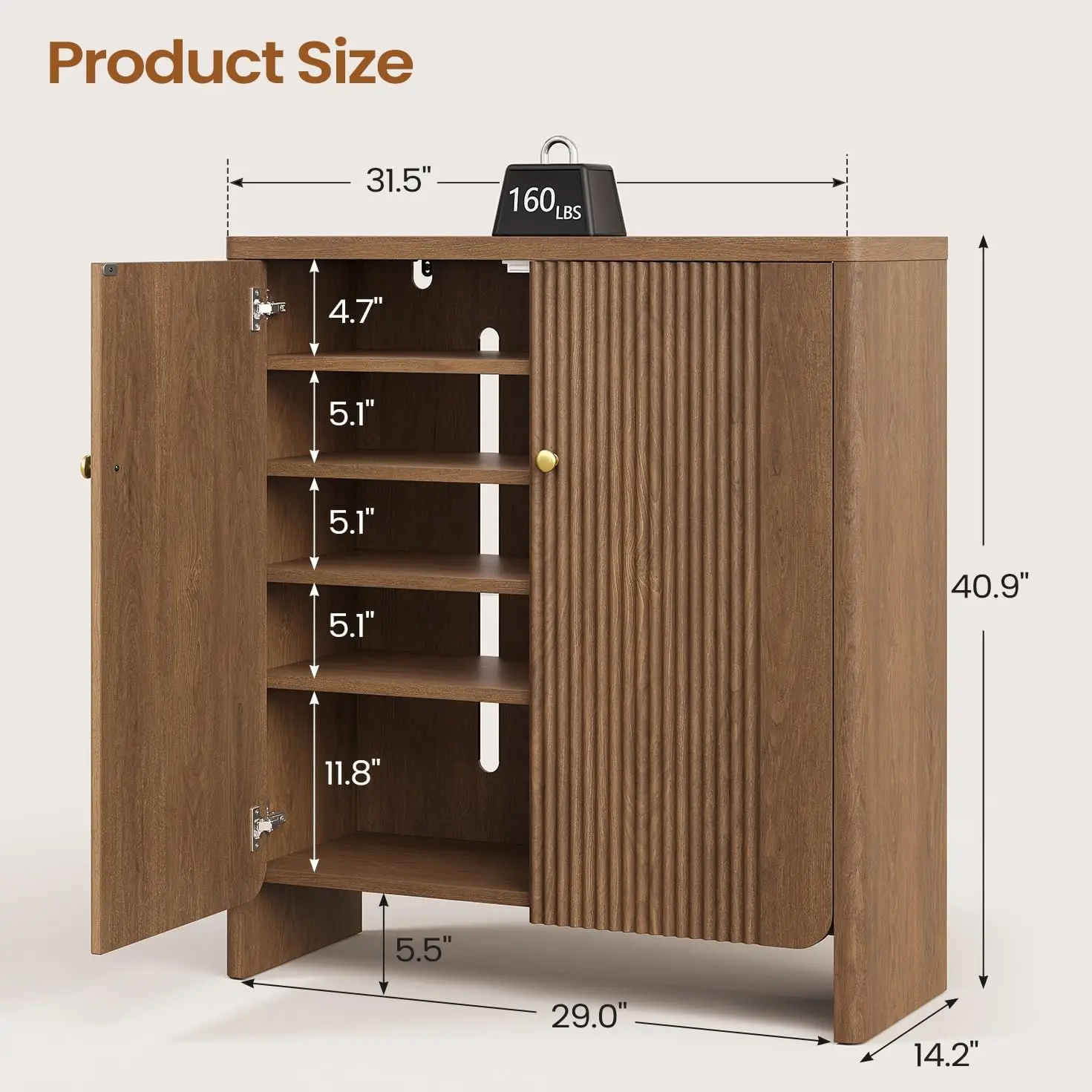Fluted Shoe Cabinet for Entryway, 5-Tier Shoe Storage Cabinet,Walnut