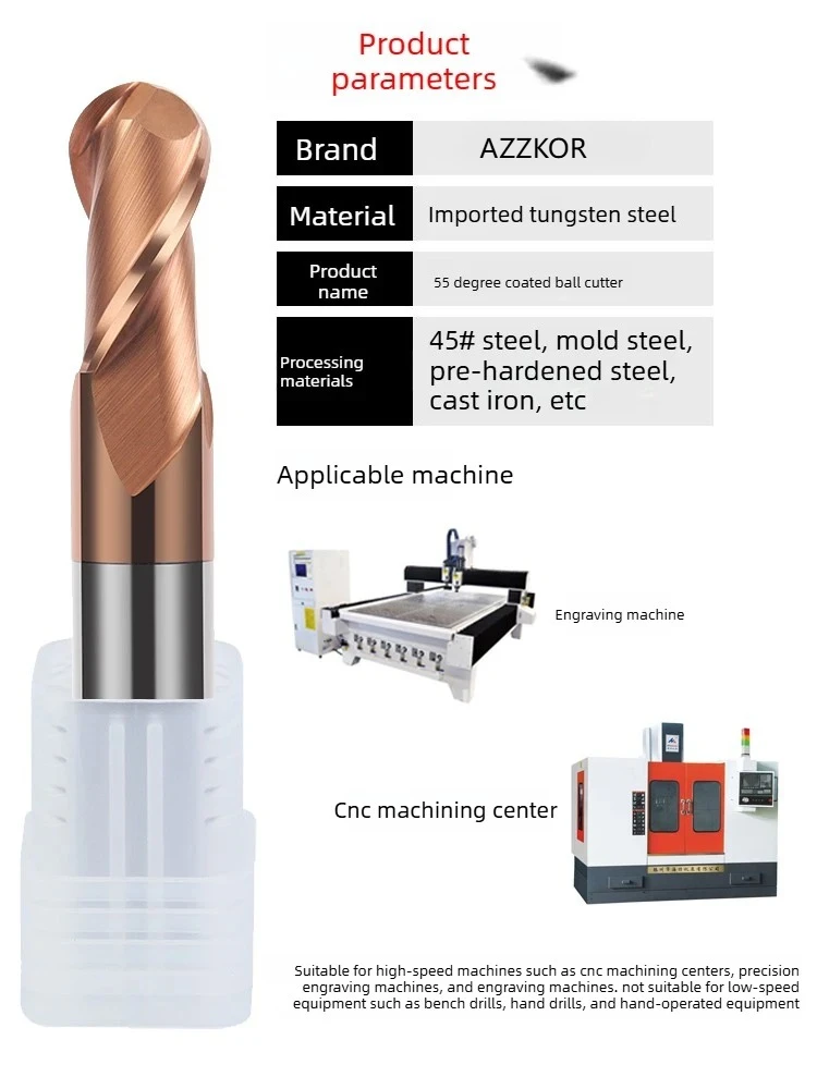 AZZKOR HRC55 2-Schneiden Vollhartmetall-Kugelkopffräser CNC-Beschichteter Verlängerter Gerader Schaft Wolframstahl-Fräser – Detail 1