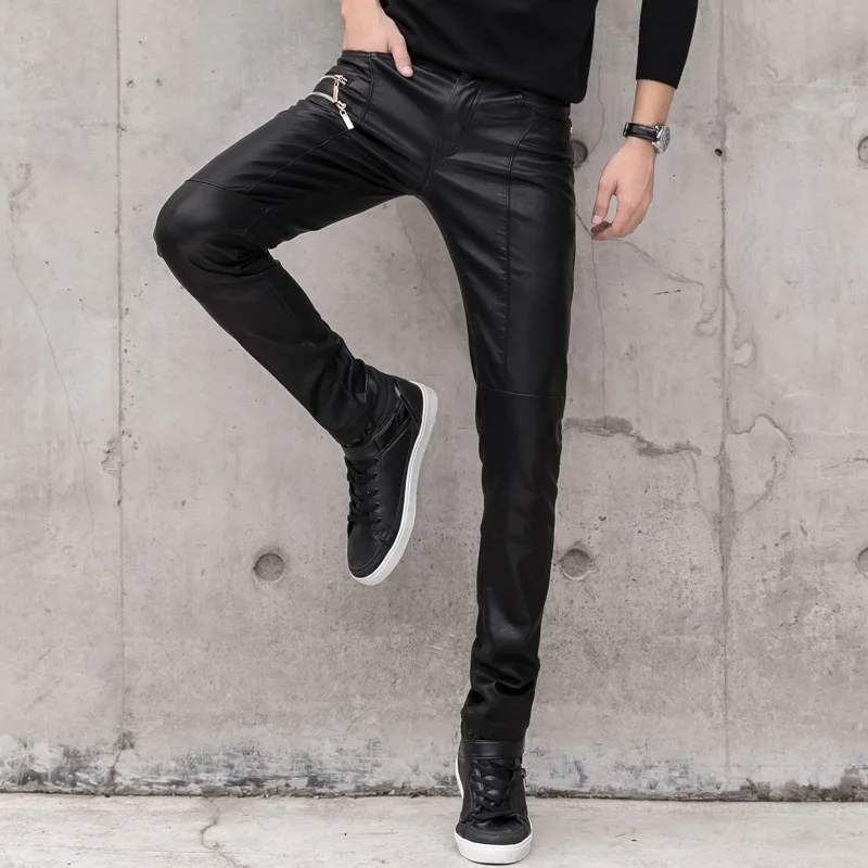 2025 New Riding Leather Pant Fashion Zipper Desgin Slim Fit Faux Leather Pants High Quality Men Casual Skinny Pants Streetwear