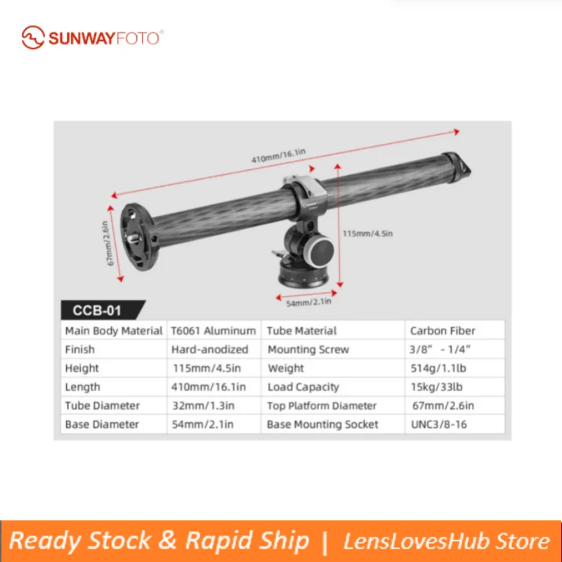 

SUNWAYFOTO CCB-01 32mm Carbon Tripod Overhead Arm with 2-way Head kit DSLR Overhead Mount for Horizontal Shooting
