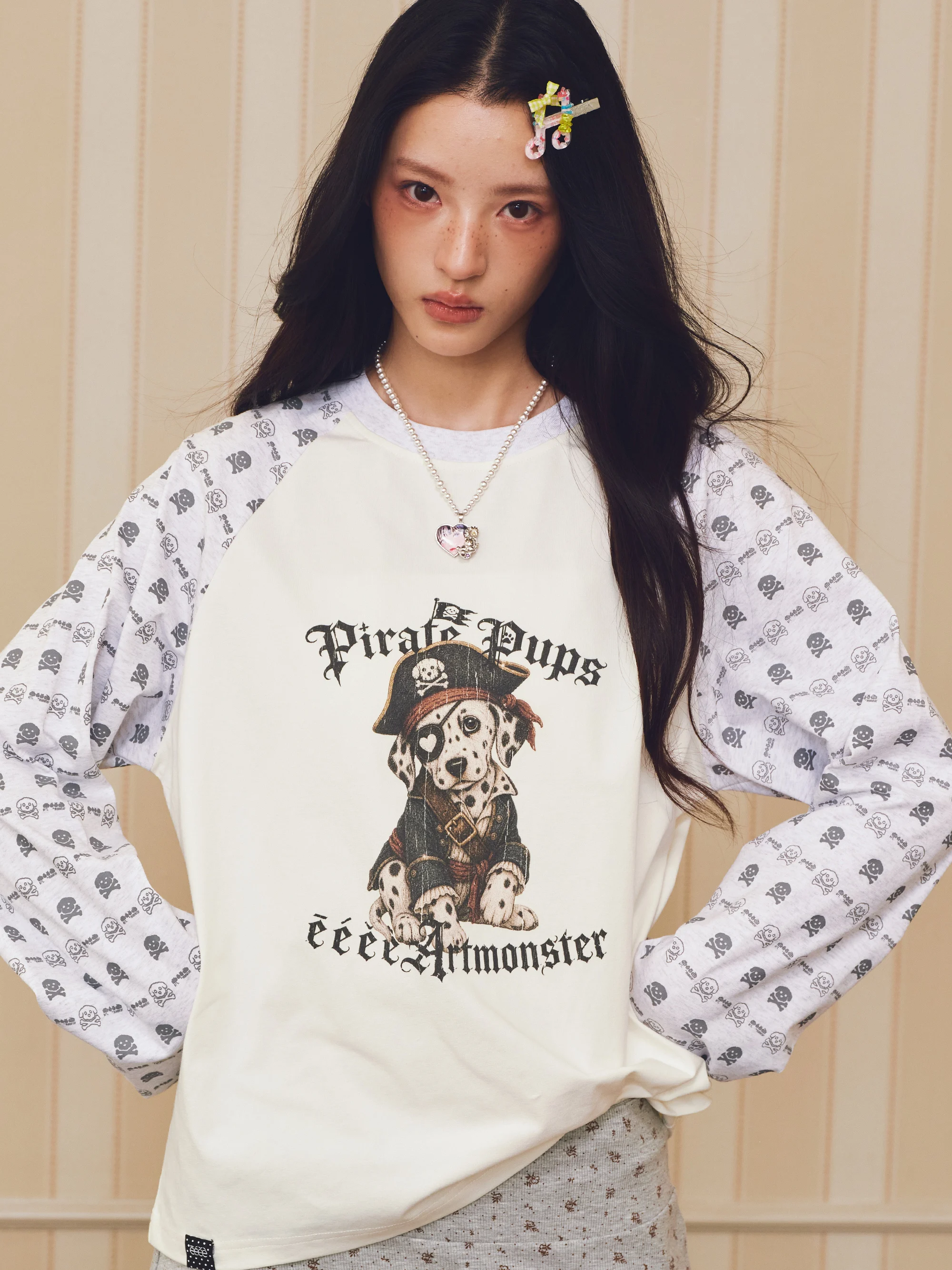 Captain Pirate Eeee Design Printed Long Sleeve Doggies Shoulder Insert T-Shirt Retro Little Dog Print Autumn Street Style rou...