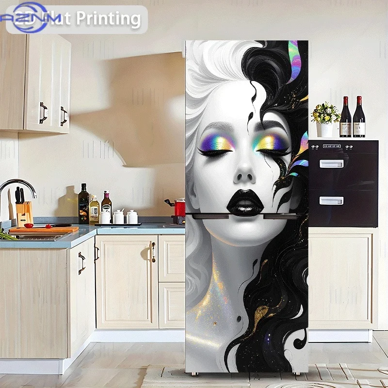 Printing Refrigerator Sticker 60x180cm Portrait of a Woman with Iridescent Makeup Themed Scene Wall Decal Self-Adhesive Wallpa