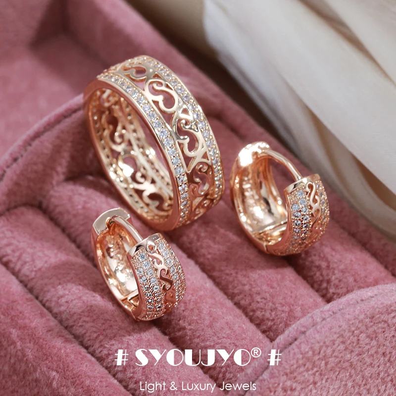 SYOUJYO Vintage 585 Rose Gold Color Jewelry Set Hollow Pattern Double Row Sparking Natural Zircon Wedding Earrings Ring