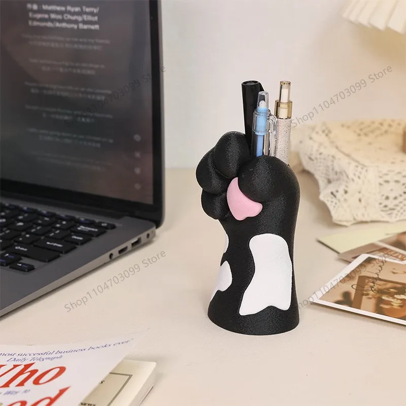 Cute Cat Paw Multi-use Storage Holder, 3D Printed Pen & Toothbrush Organizer, Black White Cow Print Desktop & Bathroom Decor