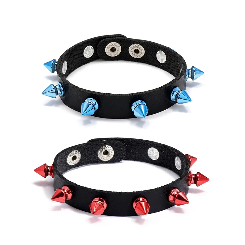 Punk Style Blue Red ABS Plastic Spikes Bracelets for Men and Women Adjustable Black Artificial Leather Bangles Fashion Jewelry