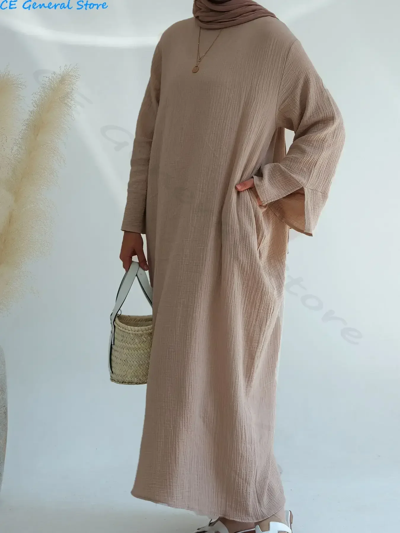 Dubai Causal Comfortable Abaya For Women 100% Cotton Saudi Turkish Clothing Solid Fashion Split Sleeve Muslim Dress With Pockets