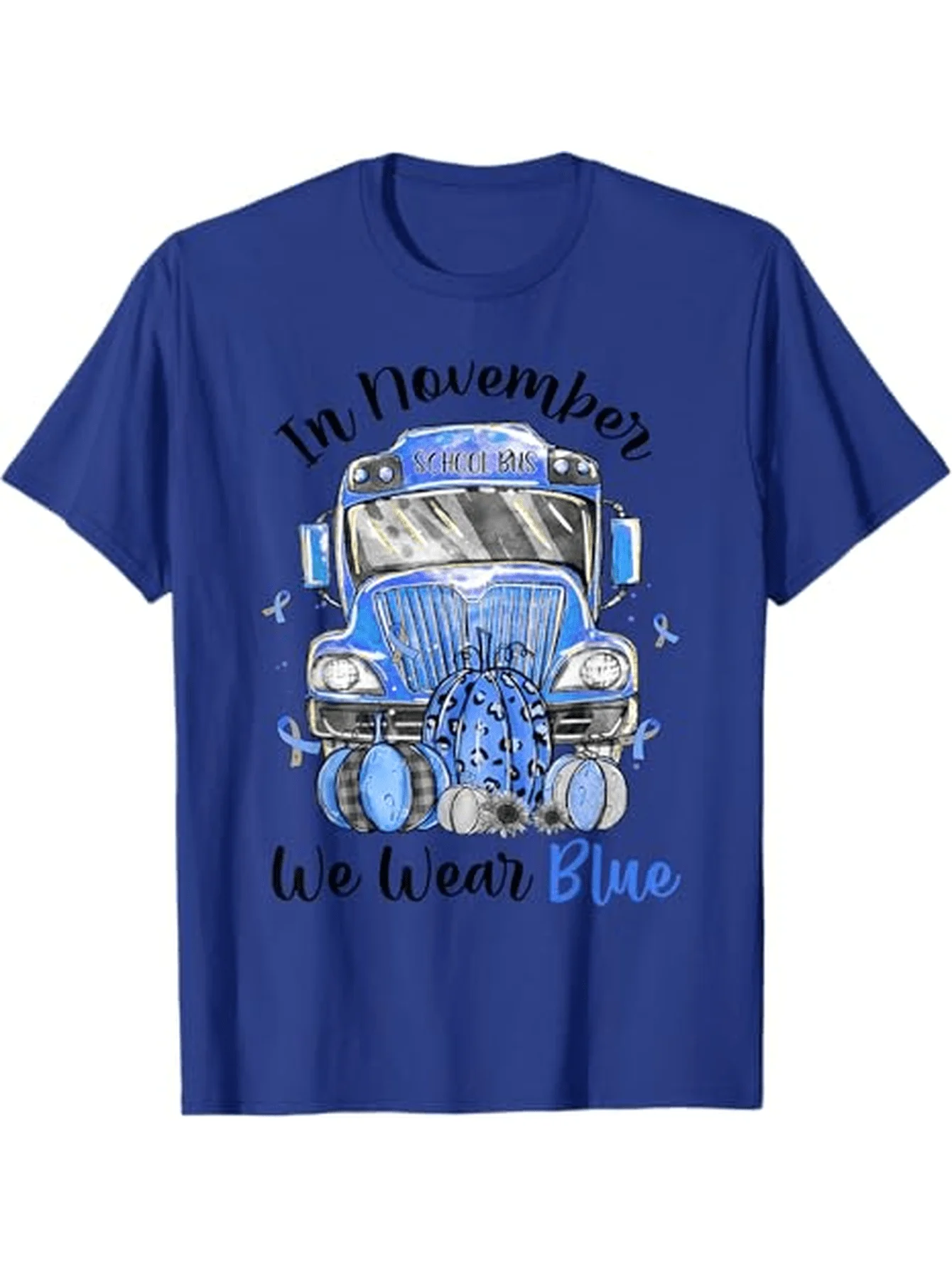 

Diabetes Awareness"In November We Wear Gray&Blue" School Bus Graphic-100% cotton summer round neck printed men's T-shirt.