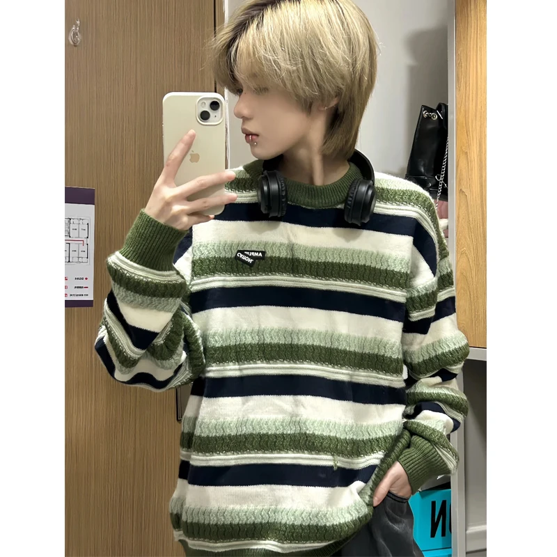 

Мужской вязаный свитер в полоску с круглым вырезом, осенне-зимний, винтажный, в американском стиле, свободного кроя, с длинными рукавами