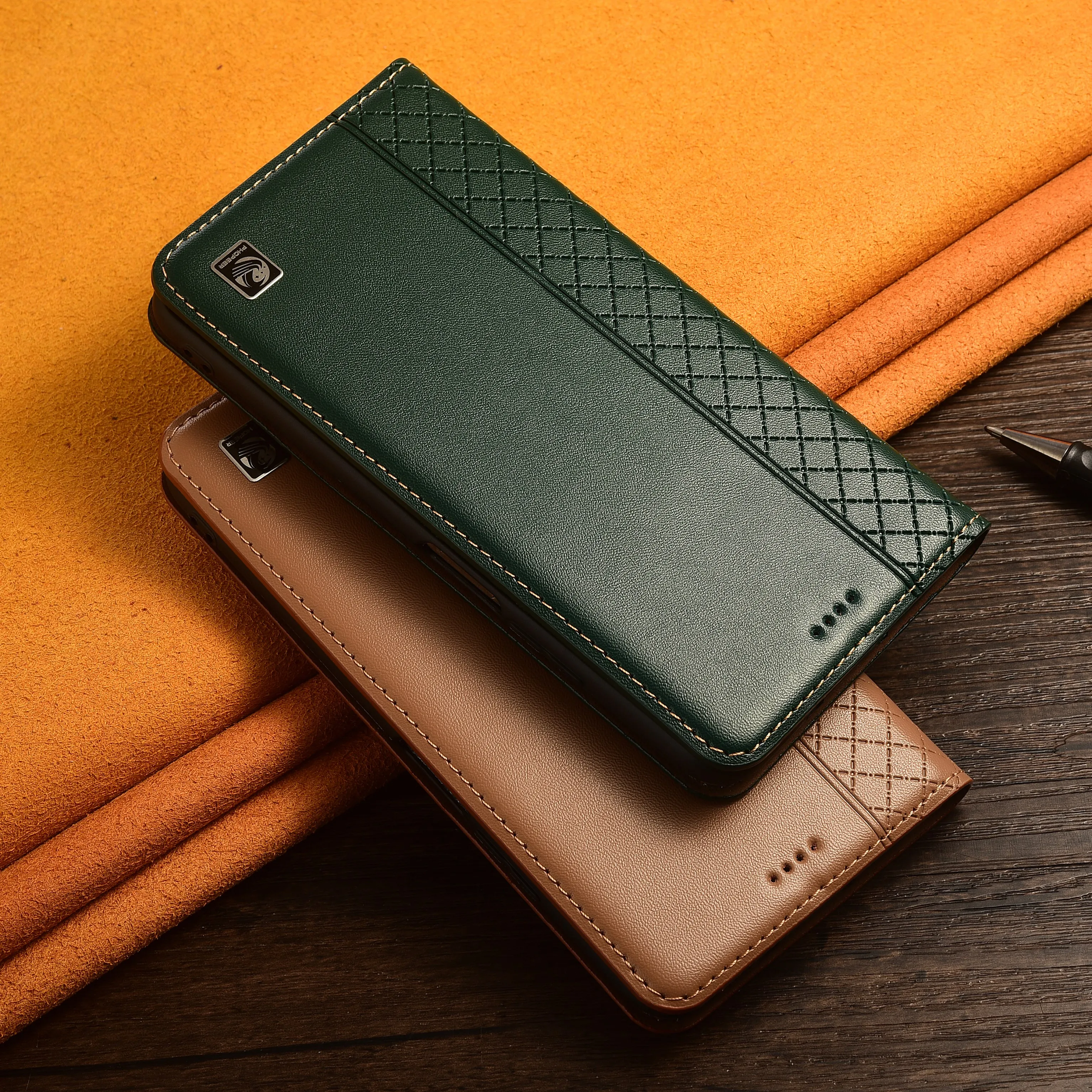 Genuine Leather Case For Xiaomi Poco X4 X5 X6 X7 X8 GT Pro Max NFC Neo, Flip Holder Card Slots Grid Pattern Phone Case