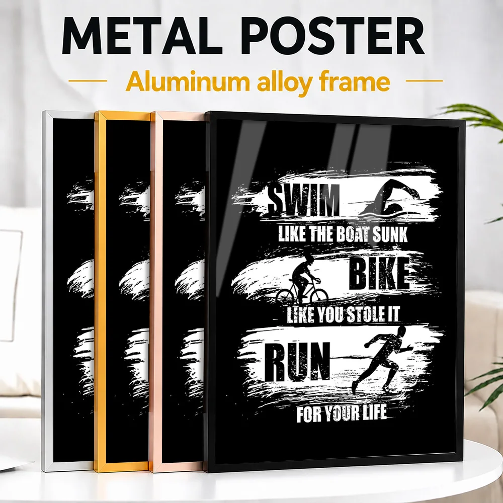 Swim Bike Run Framed Aluminum Metal Poster Personalized Humorous Design Wall Art For Home Gym And Fitness Room, Triathlete Gift
