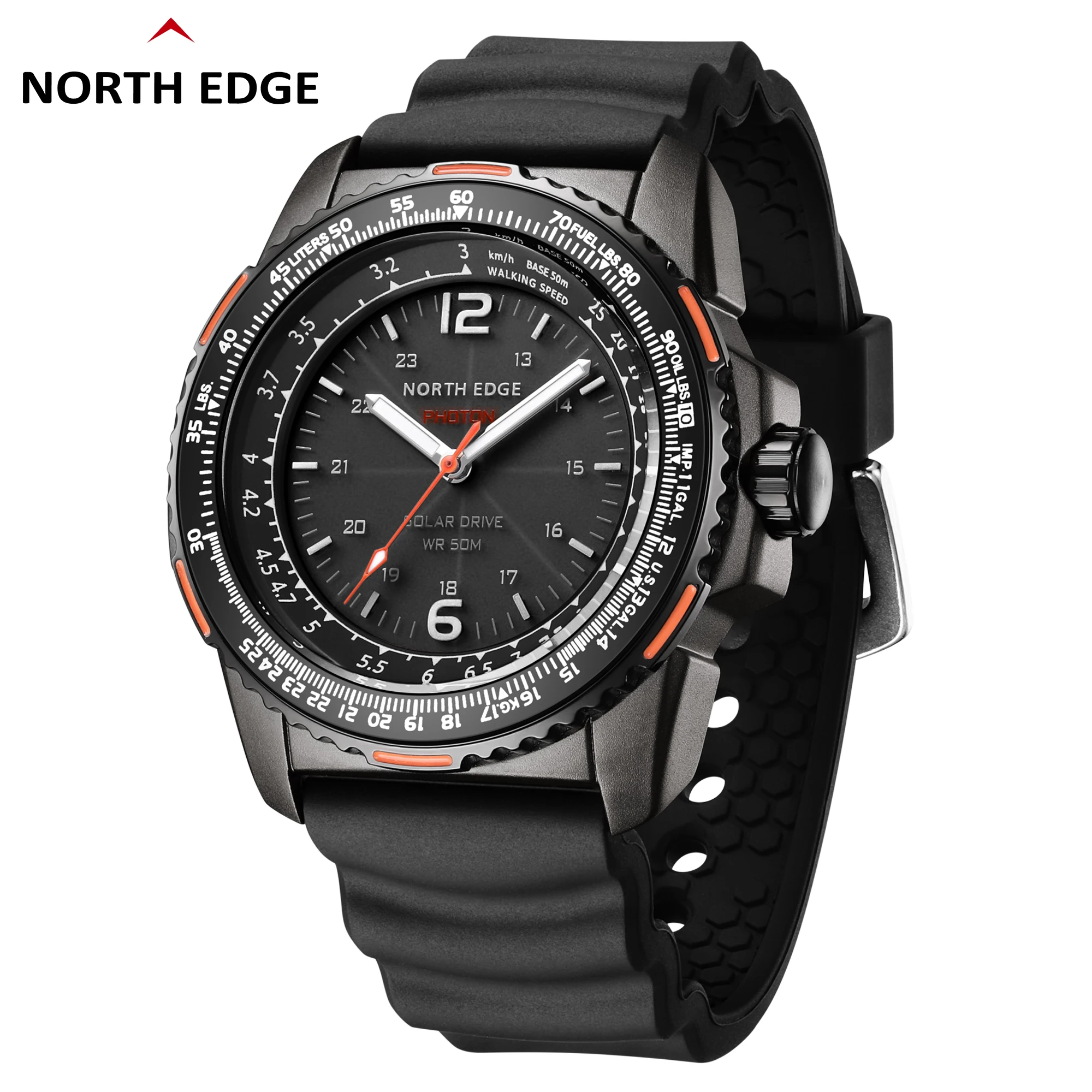 NORTH EDGE PHOTON Men's Solar-Powered Quartz Watch Gift Box Waterproof 50M Sport Silicone Strap Fashion Accessory