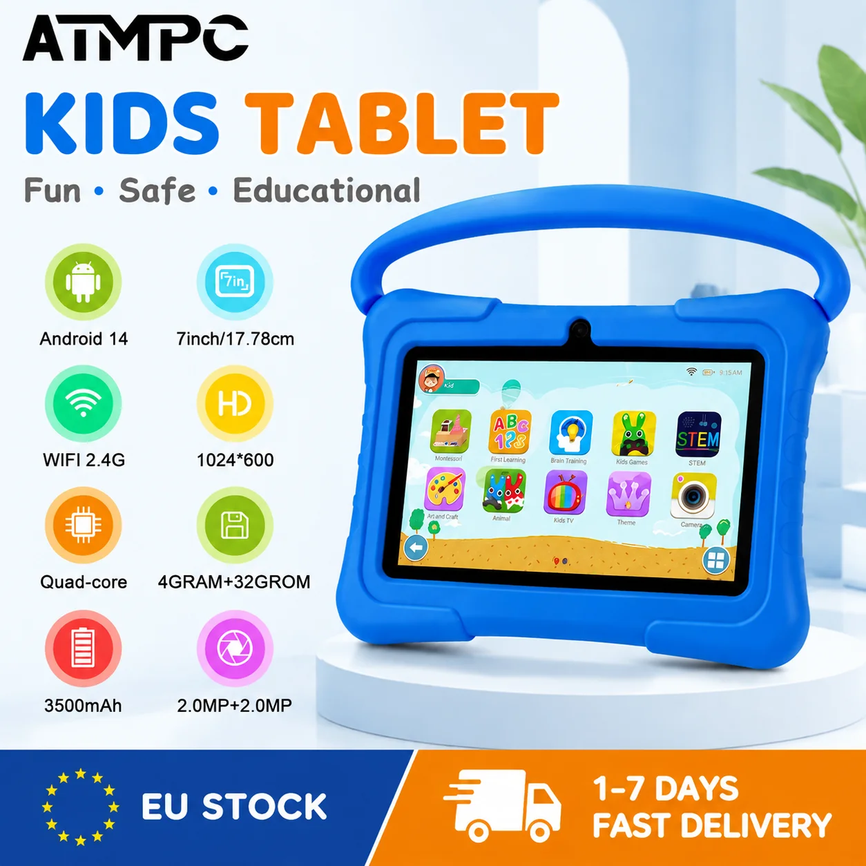 Tablette pour enfants IT-701A 7 pouces ATMPC Android 14, processeur quadricœur, 4 Go de RAM, 32 Go de ROM, écran IPS HD, WiFi 6, batterie 3500 mAh, tablette d'apprentissage pour enfants, double caméra, contrôle parental
