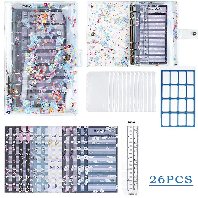 

26 Pcs A6 Binder Budget Envelopes PVC Shell Sequins Notebook Cover with Zipper Pockets Budget Sheet Color Stickers Scale Ruler