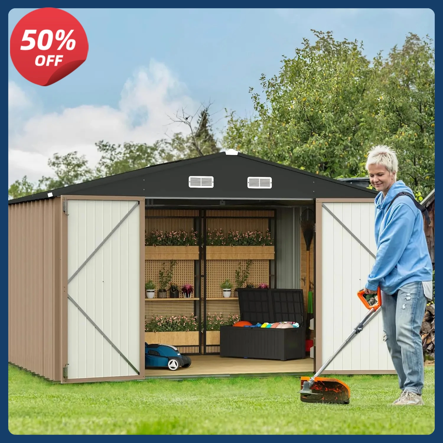 

10 x 8 FT Shed Outdoor Storage Metal Garden with Lockable Door Outside Waterproof Tool for Backyard, Patio