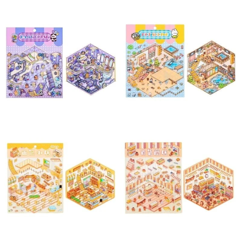 W89C 만화 3D 미니어처 장면 스티커 캐빈 풍경 스크랩북 저널링 사진 앨범 전화 케이스 수하물 스티커