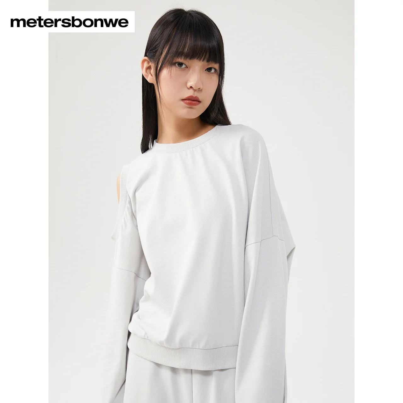 Metersbonwe-Women's Slouchy Off-Shoulder Sweatshirt,Monochromatic Cotton Pullover, Casual Tops, High Quality, Spring, Autumn