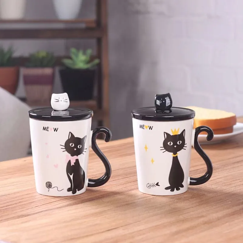 Caneca do casal bonito gato cerâmica café com tampa grande capacidade canecas animais criativo drinkware café chá novidade presentes copo de leite