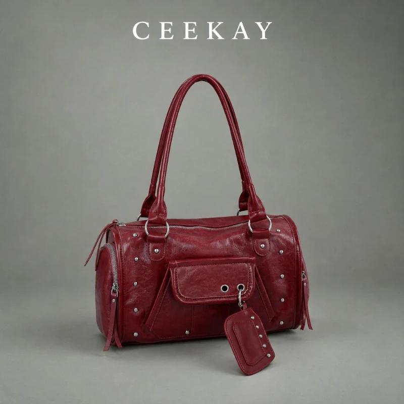 CEEKAY Leather Handbag Studded Detail Top Handle Zipper Pocket Versatile Everyday Commute Casual Large Capacity Purse Women