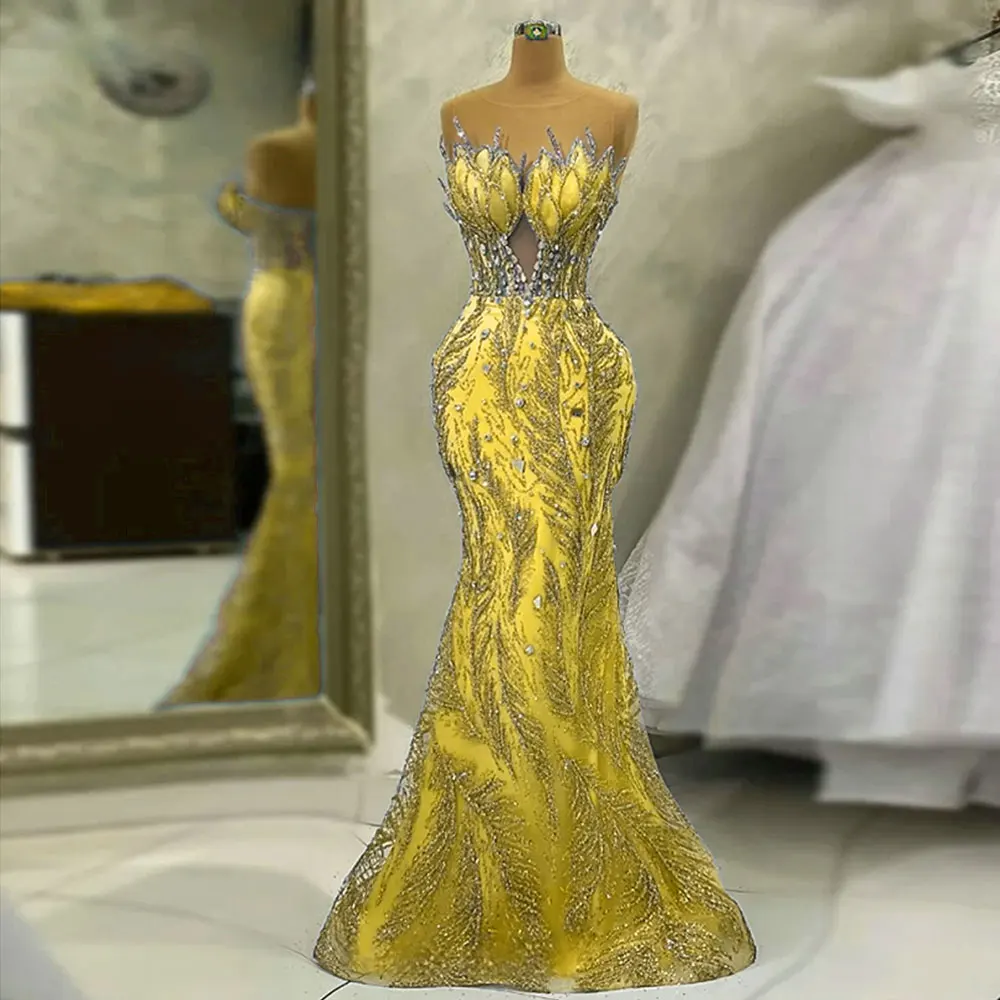 Vestidos de Noche brillantes con lentejuelas y cuentas para mujer, elegantes vestidos de fiesta de imperio de plumas, sirena, largos, formales, 2023