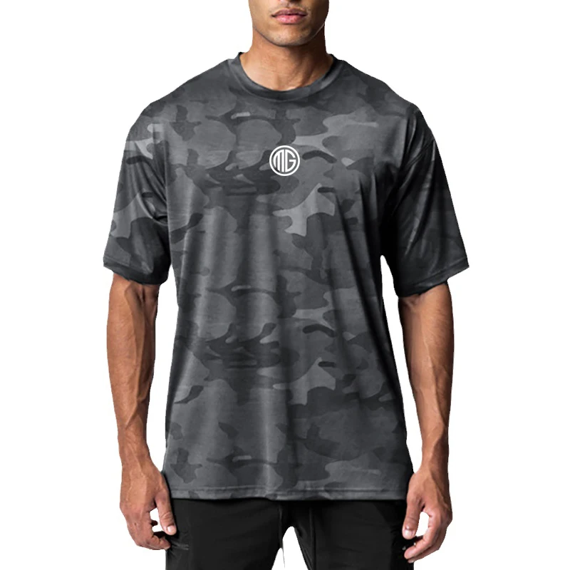 

Oversized Men Dropped Shoulder Short Sleeve Running T-Shirt Gym Fitness Summer Camouflage Mesh Loose Breathable Cool Sportswear