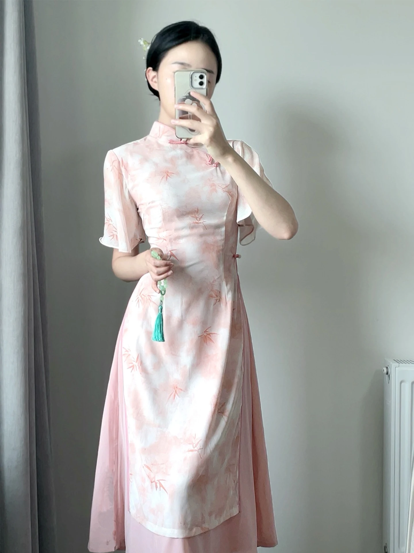

Young Revised Pink Qipao Elegant National Style Breathable Short Sleeve Midi Dress Floral Pattern Daily Wear Summer Beauty