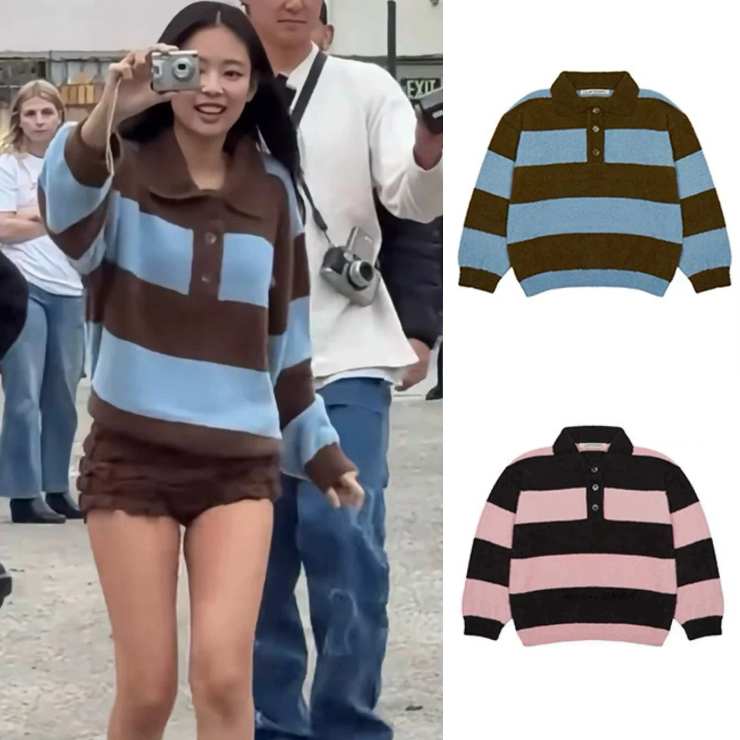 

Jennie Kang Serye Soft Plu Knitted Sweater Collar Striped Patchwork Casual Loose Fit Long Sve Women's Winter Top