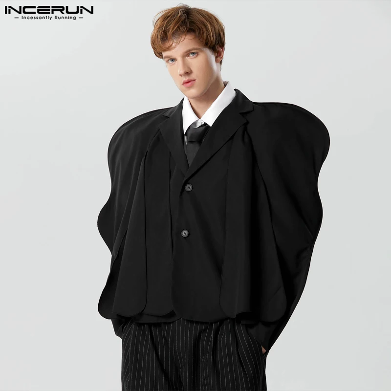 INCERUN Men Irregular Blazer Solid Ruffle Lapel Long Sleeve Button Casual Suits Men Streetwear 2024 Loose Fashion Coats S-5XL