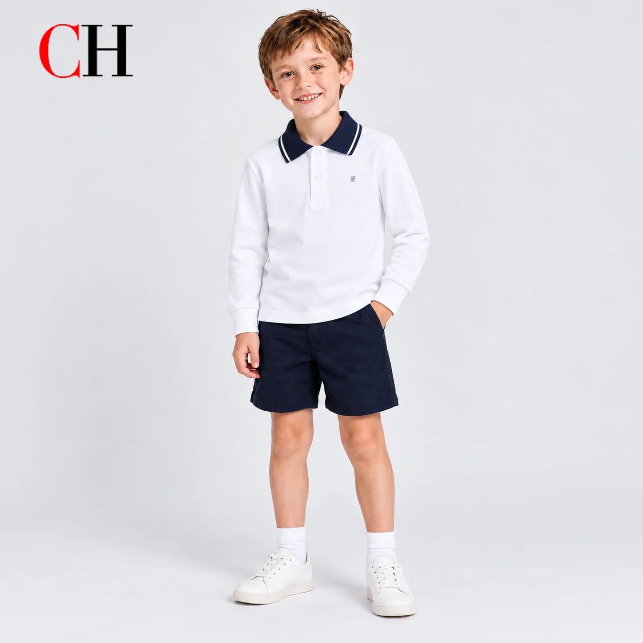 CH Boys Girls Long Sleeve Polo Shirt Striped Collar Cuffs Lightweight Knit Small Embroidery Decor Casual School Kids Tops