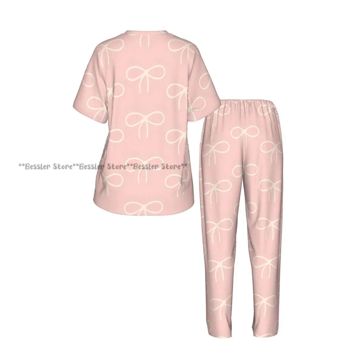 Women's 2-piece set Cute Pink Tones With Bows Pajamas Short sleeved Top and Pants Sleepwear - view 3