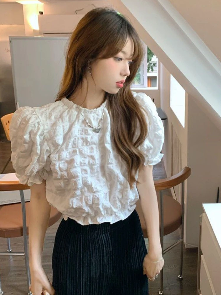 Puff Sleeve Blouses Women French Style Solid All-match Edible Tree Fungus Chic Sweet Princess Ladies Temperament Summer Fashion
