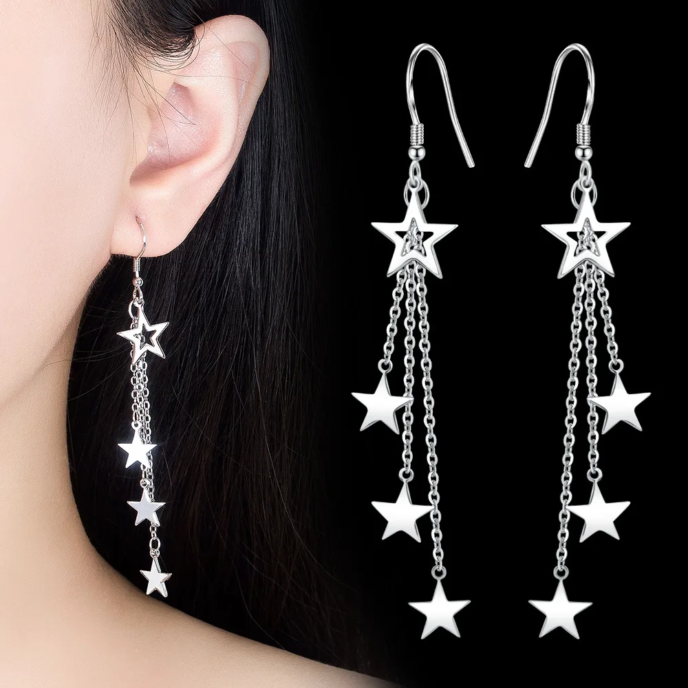 925 Sterling Silver Earrings Multi Pentacle Chain Earrings Ladies Fashion Simple Birthday Party Wedding Anniversary Jewelry Gift