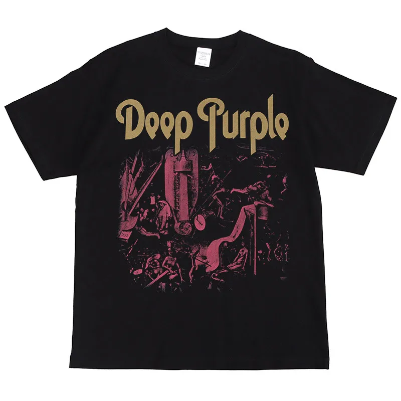 Digital Direct-Print Tiefviolettes Retro-Kurzarm-T-Shirt, Rockband, europäischer Stil, amerikanischer Stil, Baumwollstoff
