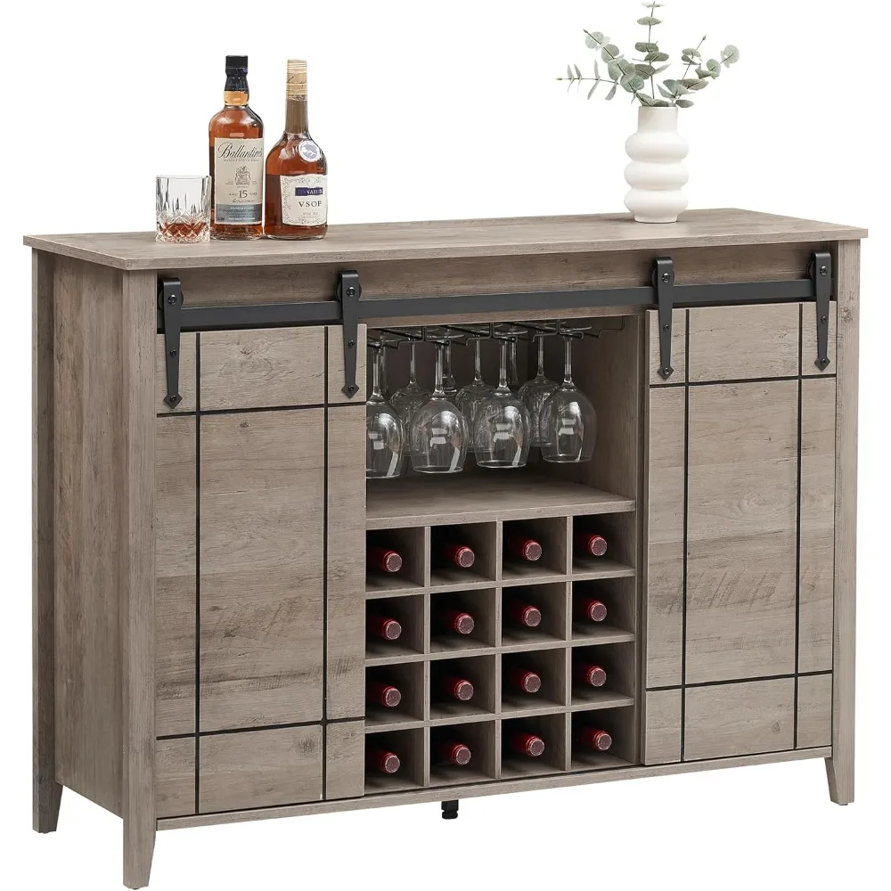 

Farmhouse Wine Bar Cabinet with Sliding Barn Door, 47" Kitchen Coffee Bar Cabinet with Wine & Glass Rack, Storage Shelves