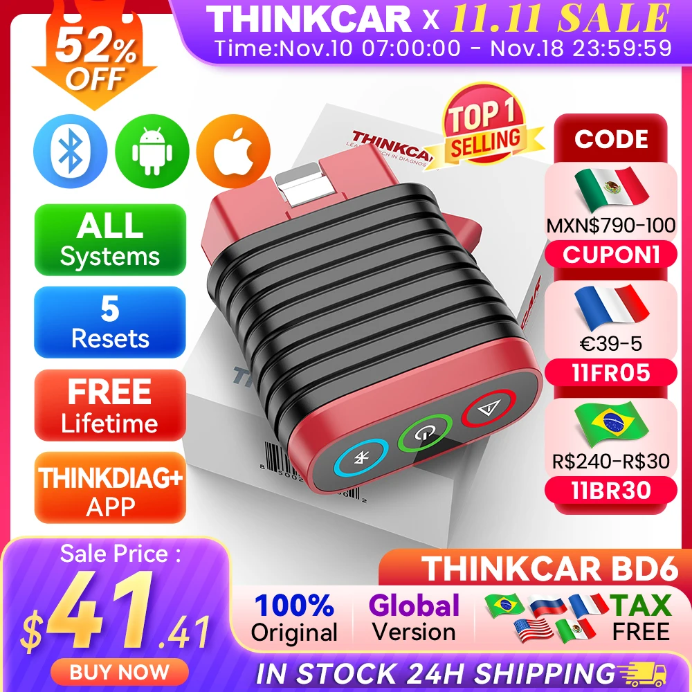 THINKCAR BD6-escáner Bluetooth, herramienta de diagnóstico de coche, escáner OBD2, sistema completo de diagnóstico, 5 reinicio, diagnóstico