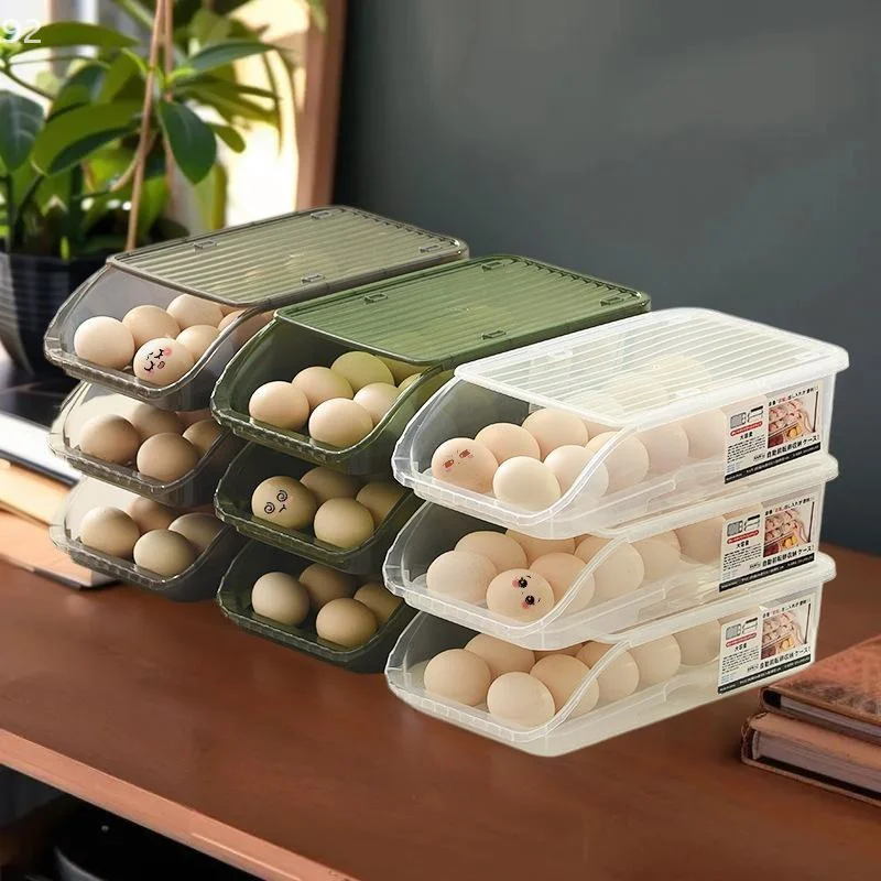 حامل أرفف صندوق البيض المتداول الأوتوماتيكي للثلاجة صندوق حفظ الطعام الطازج وحاويات تخزين سلة البيض ومنظمات المطبخ