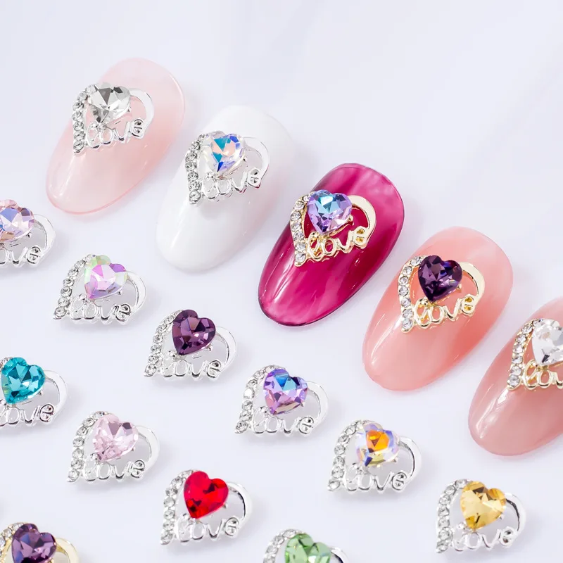 10 Pezzi/Lotto Charm di Lusso per Nail Art, Gioielli a Forma di Cuore in Cristallo e Lega, Strass Dorati e Argentati, Decorazioni per Manicure