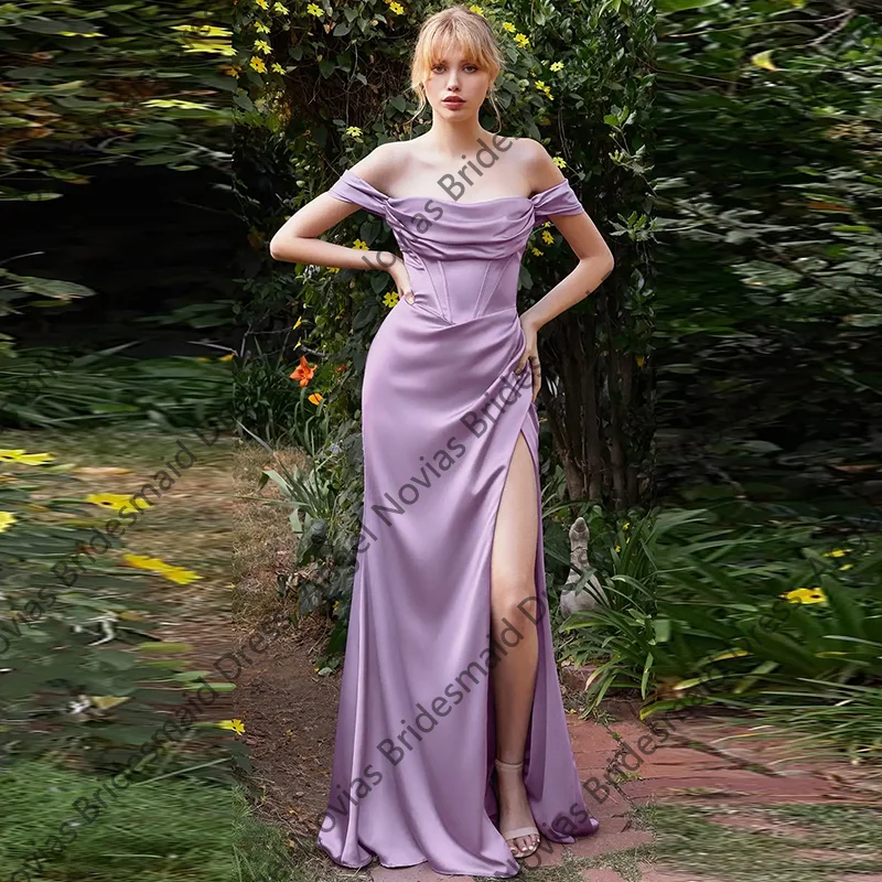 Customized Long Sexy Light Lavender Bridesmaid Dresses with High Split Wedding Guest Party Gowns vestido casamento convidada