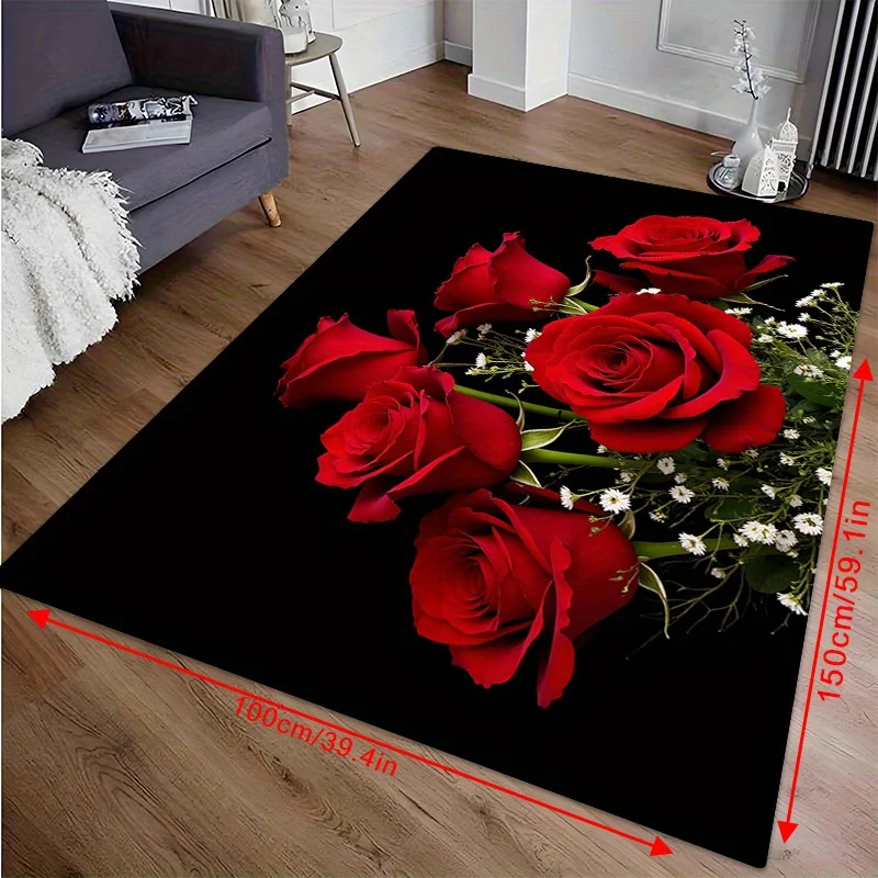 2D Flat Red Roses Bouquet Black Background Flannel Area Rug Non Slip Romantic Flower Carpet For Living Room Bedroom Decor