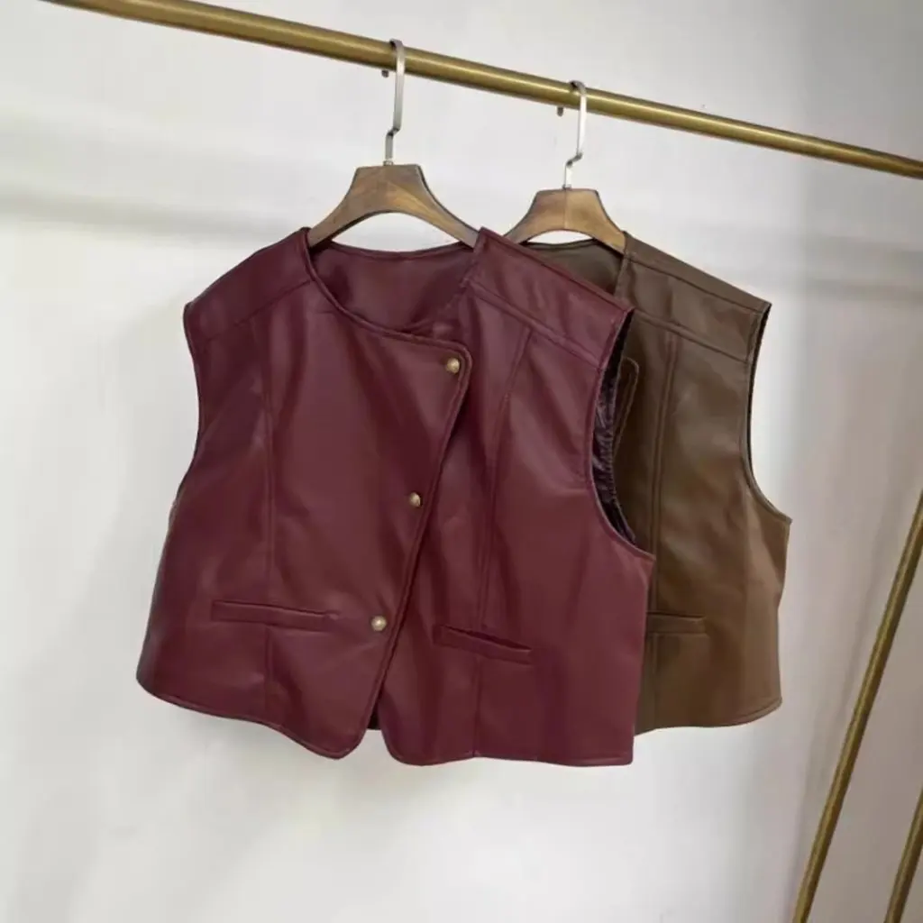 

Women's Irregular Vest Korean Style Short Sleeveless Casual Leather Jacket Top for Autumn