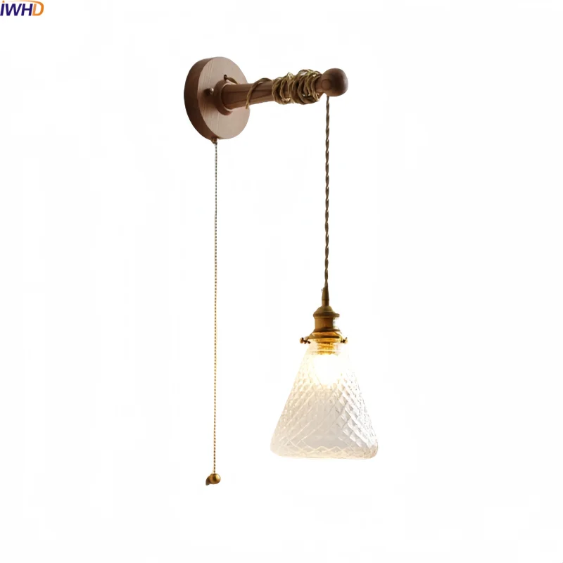 

IWHD Wabi Sabi LED Wall Lamps For Bathroom Shower Nordic Clear Glass Vintage Brass Socket Wood Modern Stair Light Wandleuchte