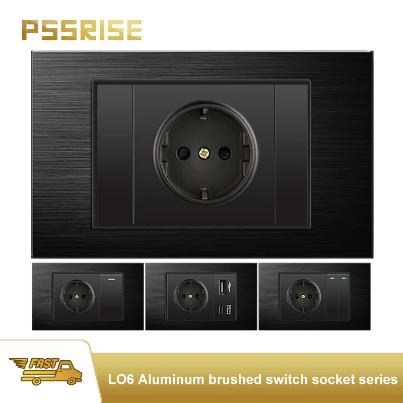 

PSSRISE Black Italy EU Aluminum Alloy Panel Wall Socket 2.1A USB TypeC Charge Power Socket Light Switch TV Phone Computer Socket