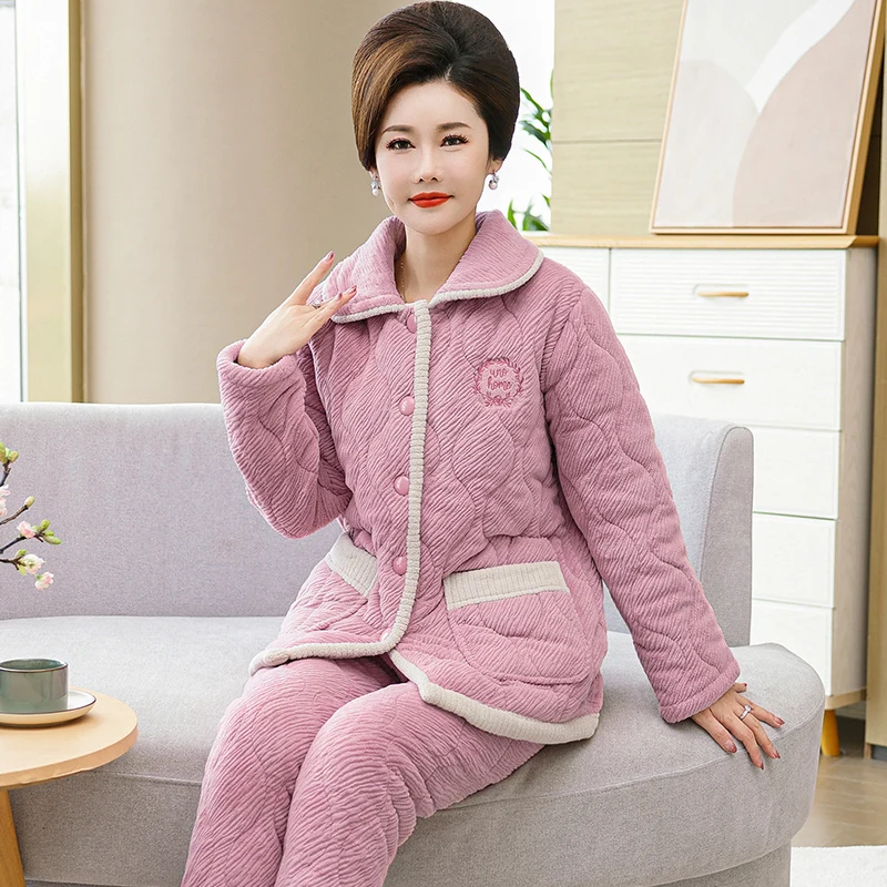 High Quality Winter Thick 3 Layer Clip Cotton Women Pajamas Sets  Female Warm Sleepwear Home Clothing