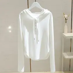 Spring Autumn Fashion Solid Hoodies Long Sleeve T-Shirts Women's Clothing Casual All-match Loose Button Simplicity Korean Tops