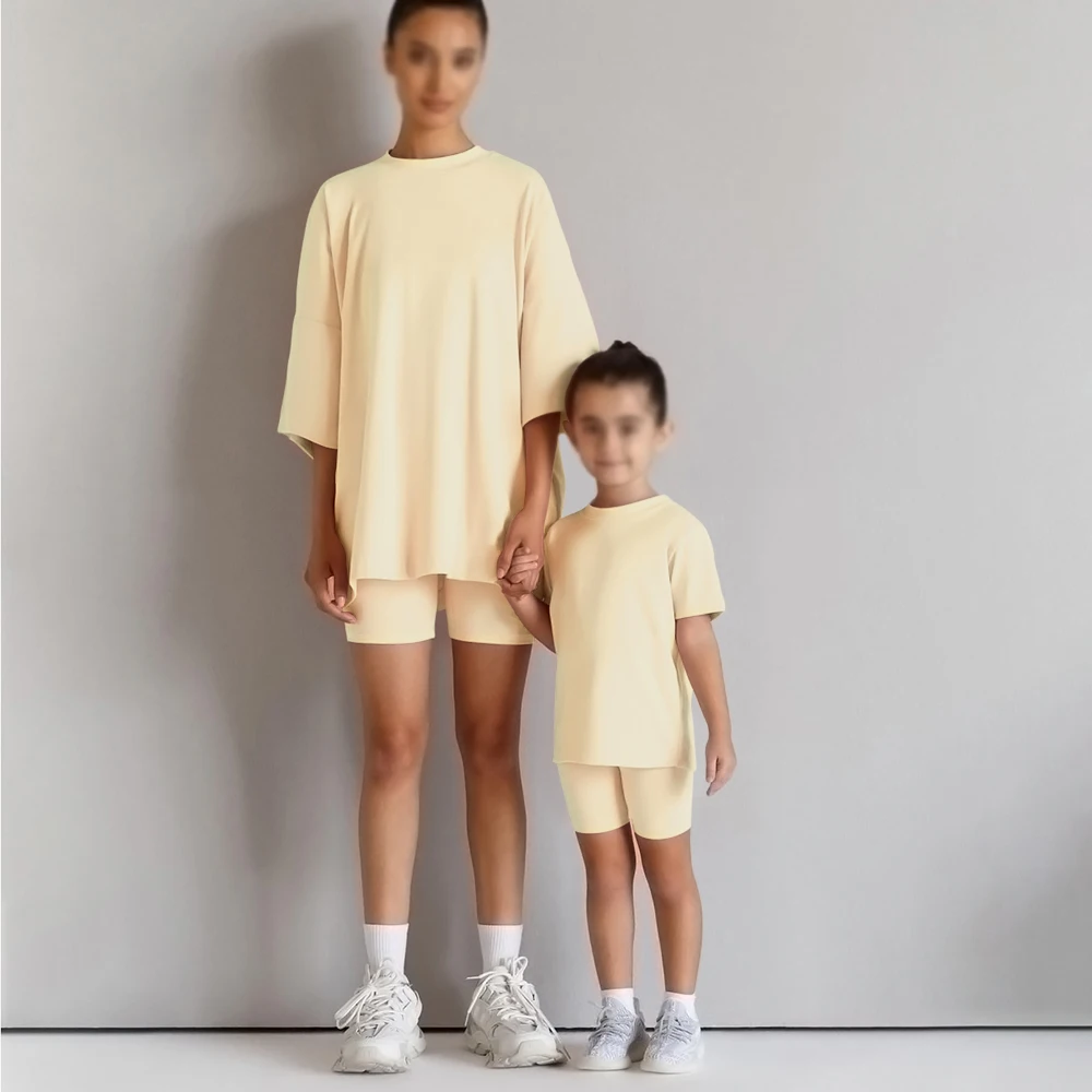 2026 familie Passenden Mutter Tochter Sommer Sets Solide Baumwolle Lounge Anzug Für Outfits Kleidung Jungen Mädchen Sport Leggings – Detail 9