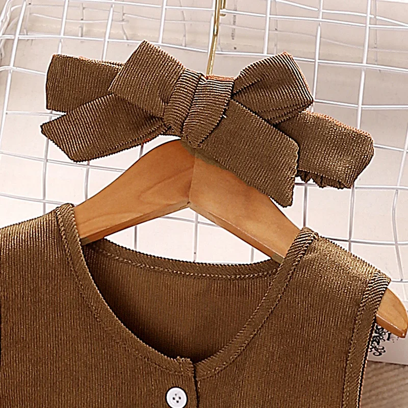 Dress Kids Girls 4-7 Years Brown Sleeveless Corduroy Dress + Corduroy Headband For Girls Stylish Girls Korean Style Dress