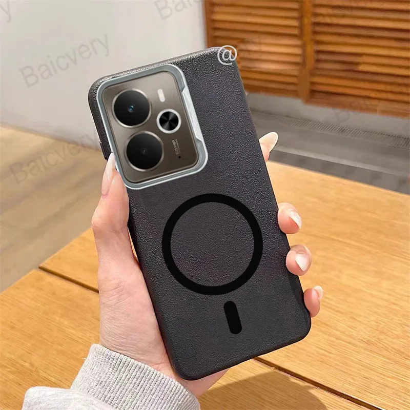 لـ Realme 14 5G / 14T غطاء منقوش من الجلد السيليكون الناعم مع ملصق مغناطيسي ذاتي اللصق