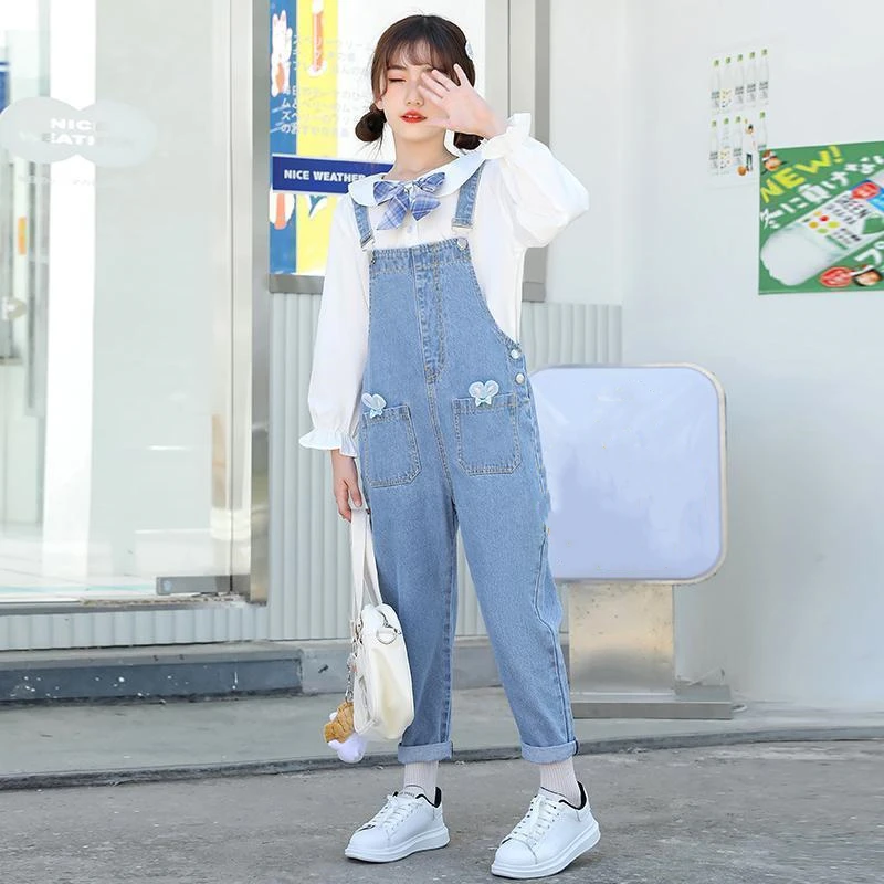 Girls Casual All-match Denim Overalls Middle Big Children\'s Spring Autumn Korean Overalls Children Fashion Foreign Flavor Jeans