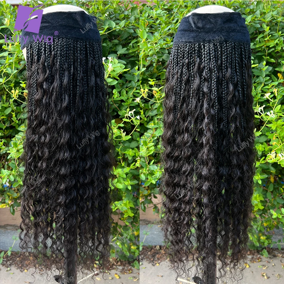 Boho Box Braid Band Pre-Braided Synthetic Braids with Human Hair Curls Braiding Hair Without Baseball Cap Hat for Black women