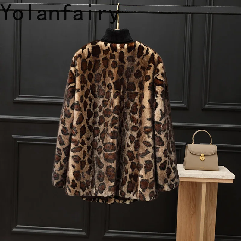 YOLANFAIRY High-street Whole Mink Fur Jackets for Women Winter Short V-neck Natural Fur Coat Leopard Real Fur Jacket Outwears
