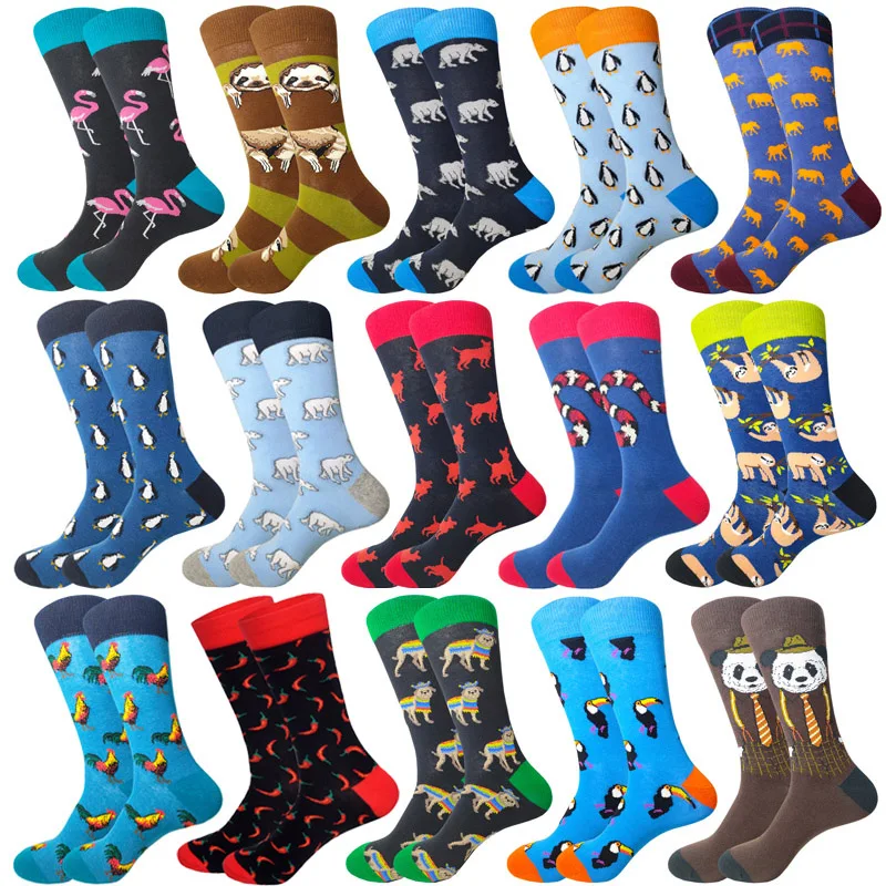 High Quality Men Socks Harajuku Cartoon animal Flamingo koala polar bear chili Funny Happy Socks for Male Wedding Gift